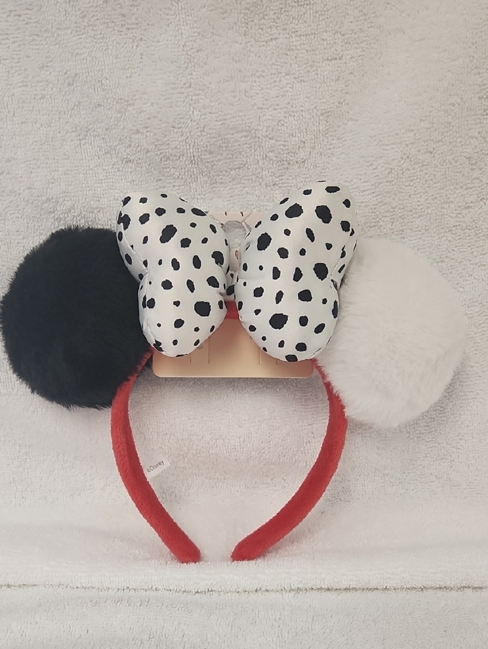 Disney Cruella Devil Red Headband with Black & White Pom Poms and Dalmatian Bow
